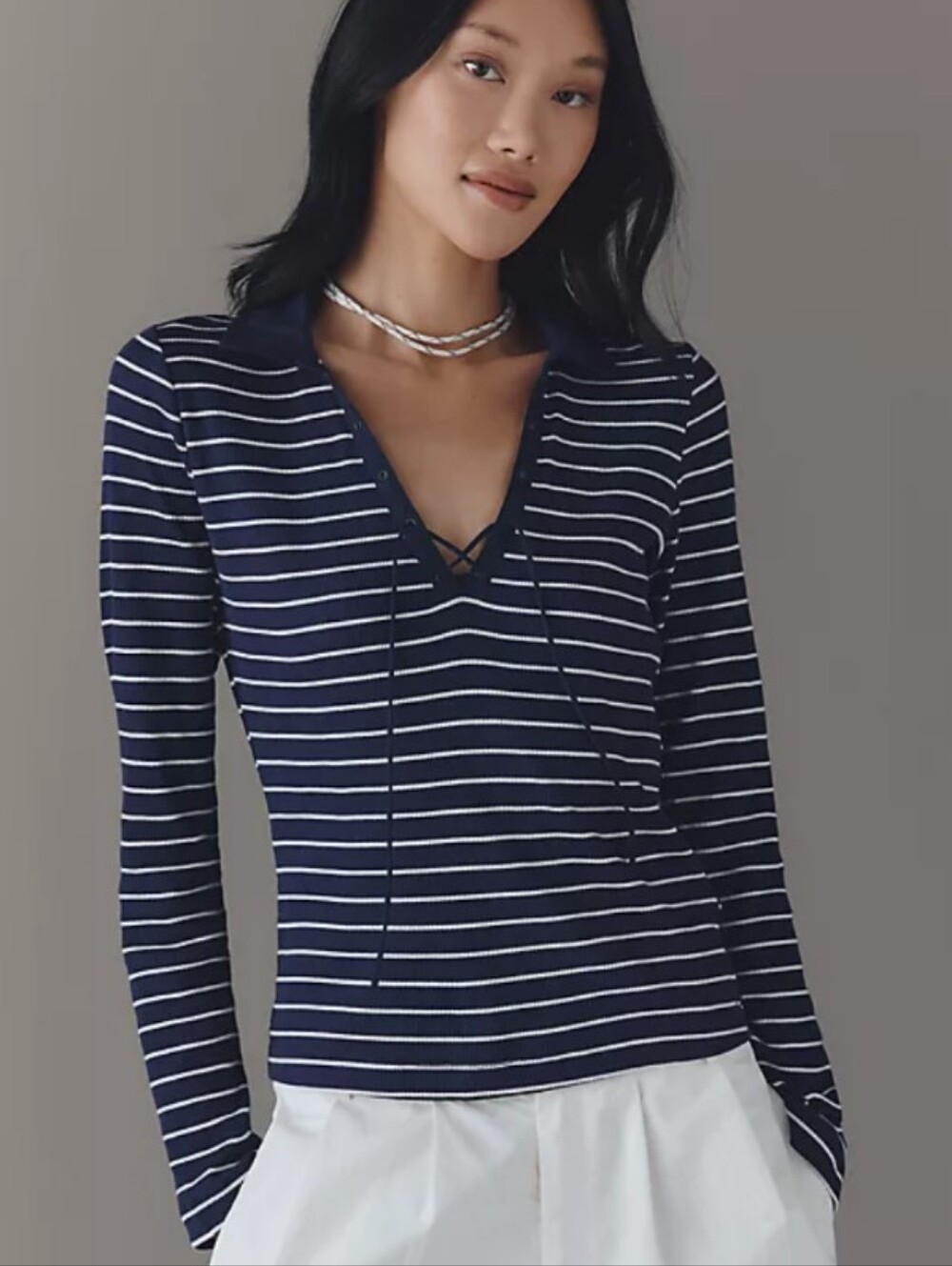 Maeve Lace Up Ribbed Long Sleeve Shirt